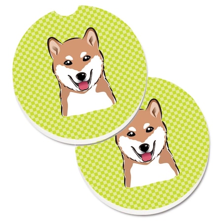 Carolines Treasures Checkerboard Lime Green Shiba Inu Set of 2 Cup Holder Car Coaster BB1287CARC